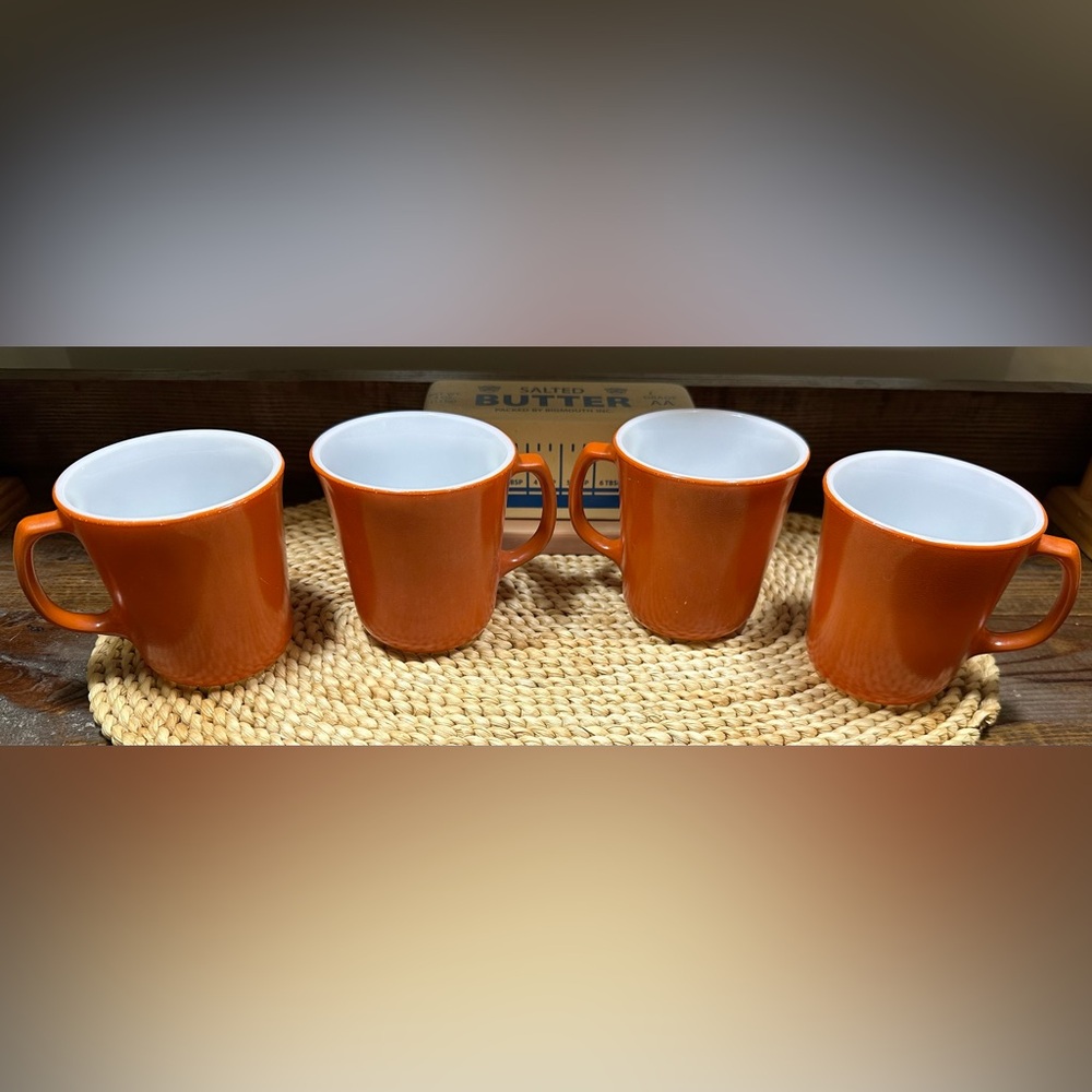 Corning Ware Pyrex Burnt Orange Milk Glass Mug Retro Stamped Vintage EUC Set of4
